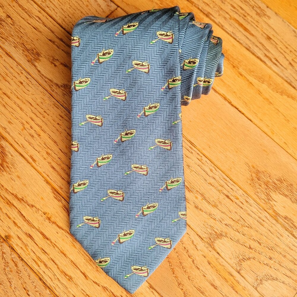LANDS END Blue 100% Silk Tie Row Boat Necktie 60" Outdoor Made in U.S.A